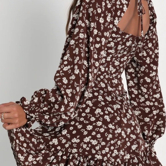 Lulus Coy Charm Brown Floral Print Long Sleeve Mini Dress - Size XL - Picture 2 of 2